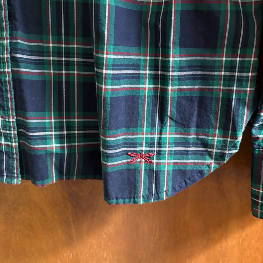 Talbots Green Blue Plaid Button Down Blouse Top 12 Ruffle High Neck Modest Fall - Picture 12 of 15